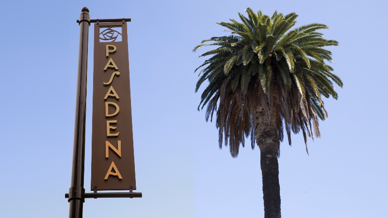 pasadena sign with a palm tree on the side