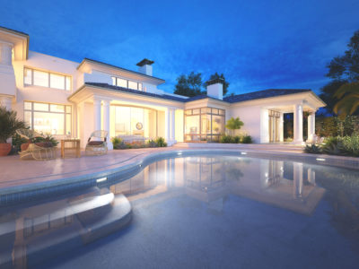 3d render. Private villa pool view over night , exterior.