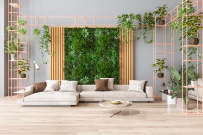 green living room with vertical garden house plants beige color sofa