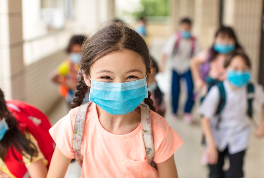 children wearing face medical mask back to school after covid19